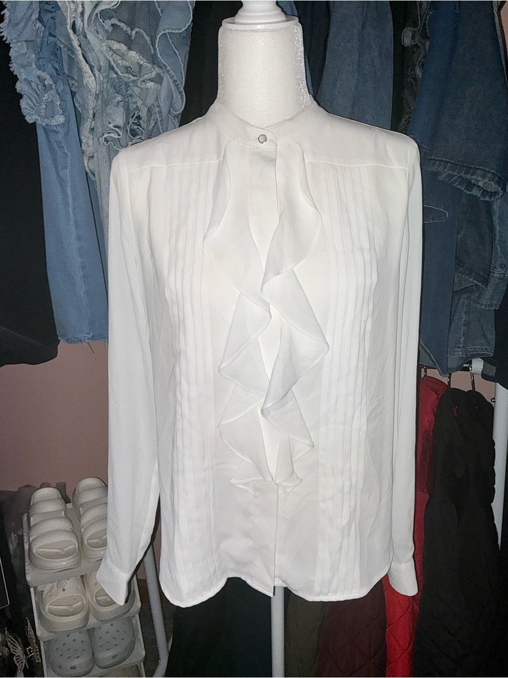 Calvin Klein Ruffle Front Pintuck Blouse